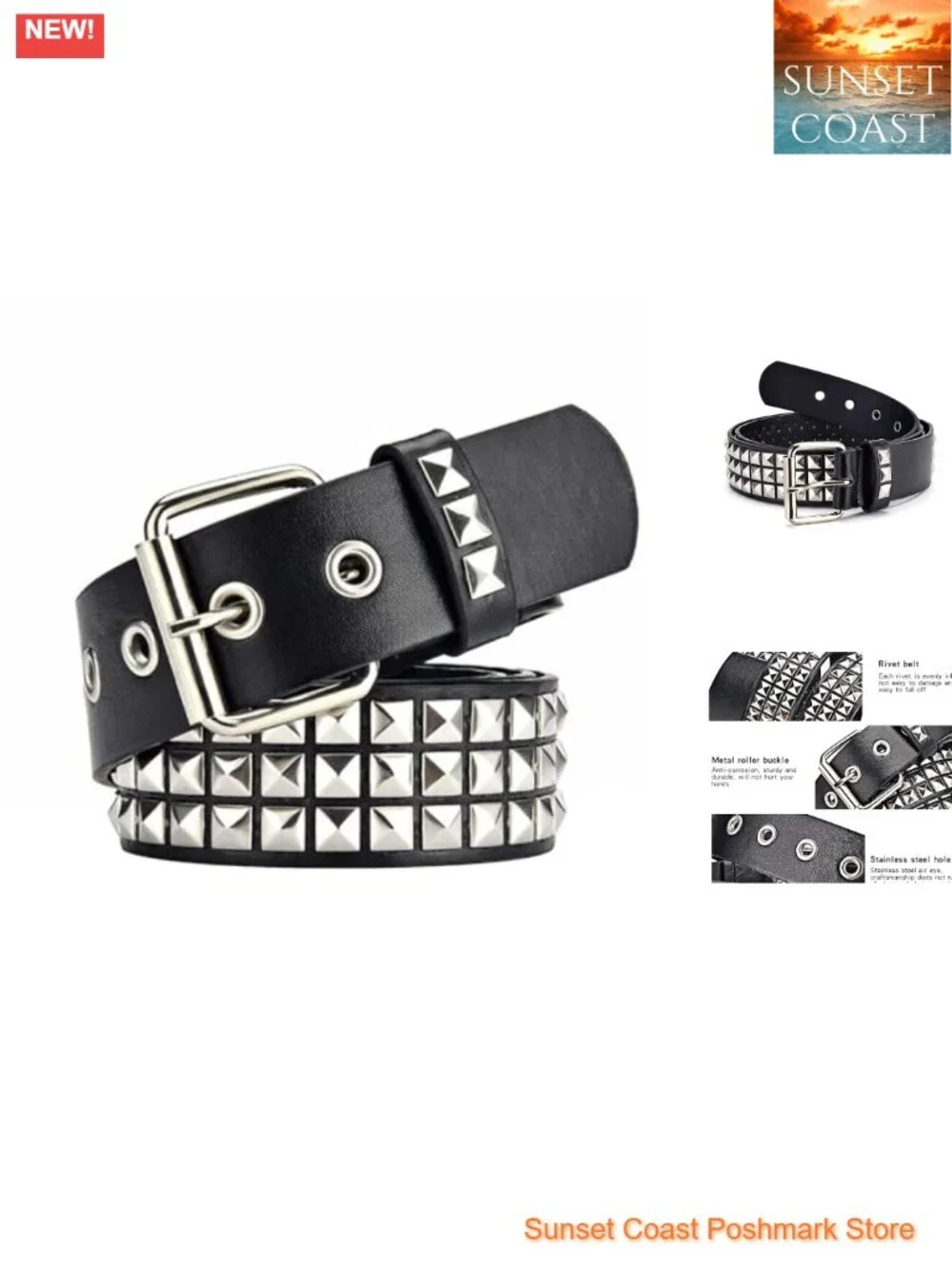 Black Studded Belt Punk Rock Rivet Belt Grommet Pyramid Men Women